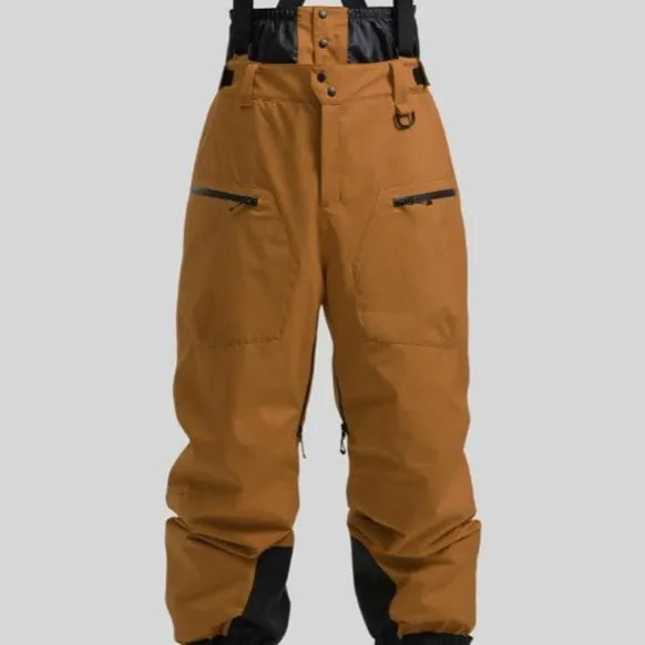Men's black ski trousers with adjustable waist strap, showcasing thickened waterproof construction.