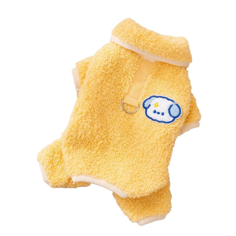 Yellow thick plush winter dog pajamas one-piece suit cartoon style for small dogs