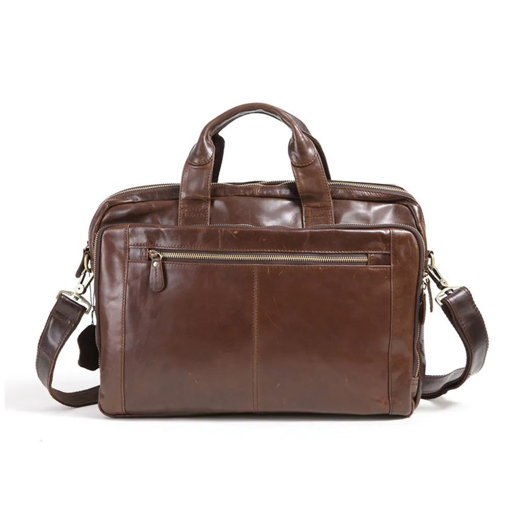Brown men's business briefcase made from first layer cowhide leather with 18-inch size