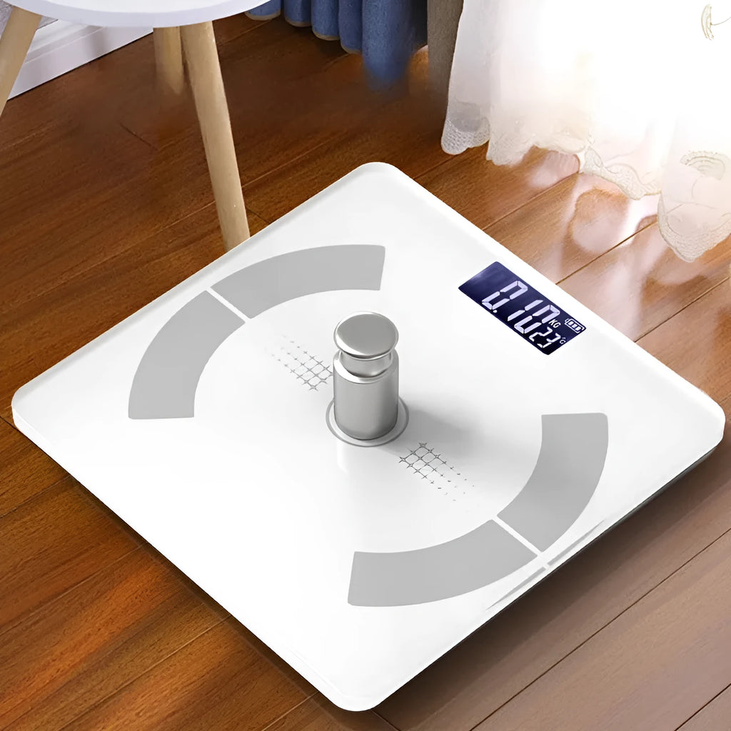 Smart Bluetooth rechargeable body fat scale in white, black or pink colours
