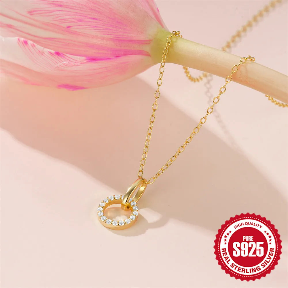Gold-colour 925 sterling silver adjustable clavicle chain with geometric zircon pendant for women