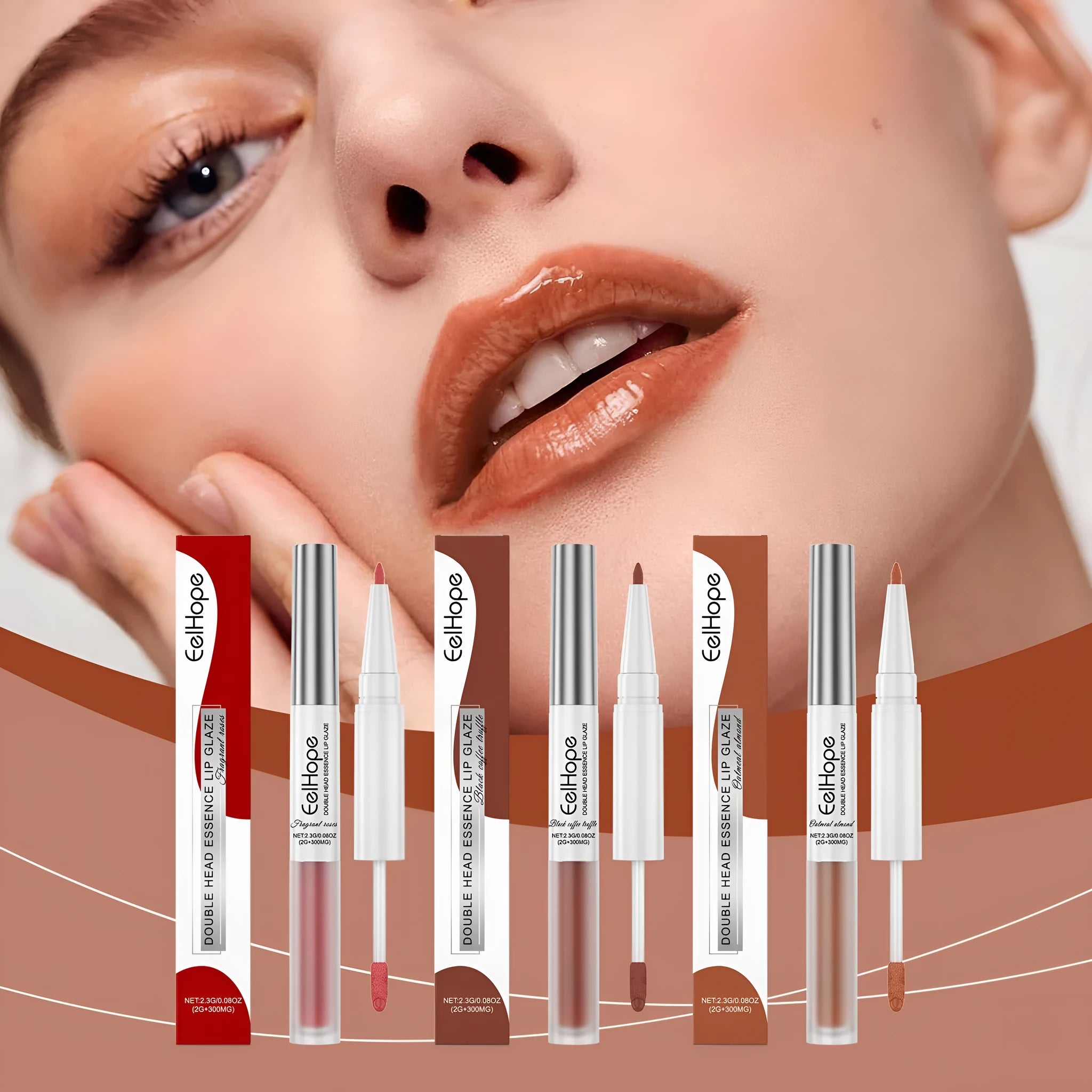 Double-headed retractable lip liner and lip lacquer pen in lipstick-style packaging