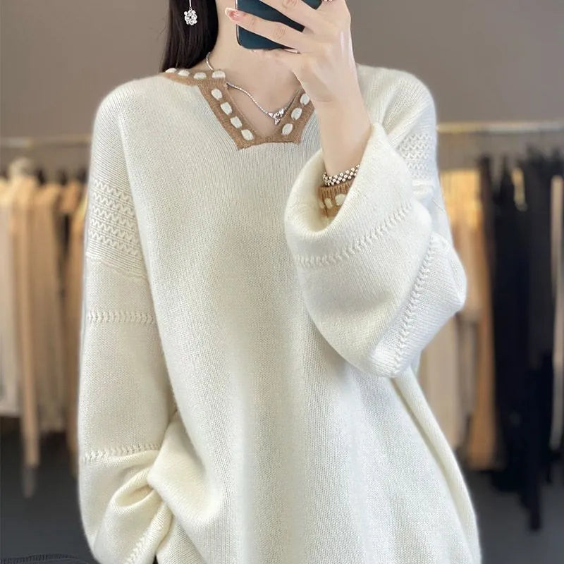 Women's white V-neck pullover sweater with long sleeves made from viscose fibre