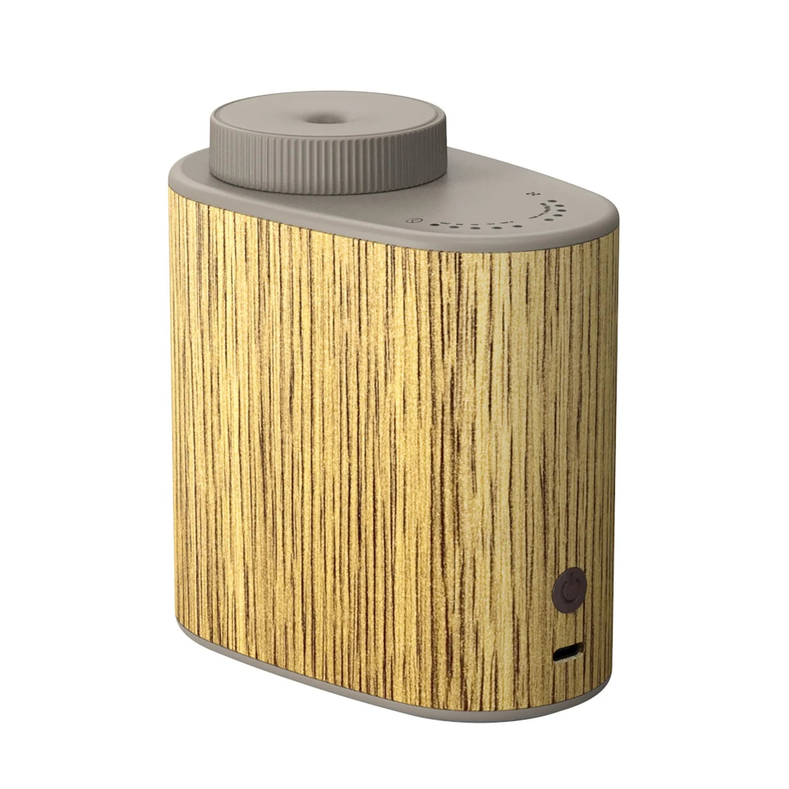 Creative nebulizing diffuser automatic aerosol dispenser with round plastic body, black wood texture finish, USB cable