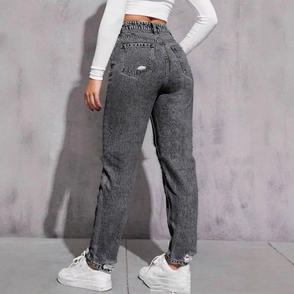 Women's casual ripped washed skinny jeans nine-part calf length high waist denim cotton blend medium stretch light blue