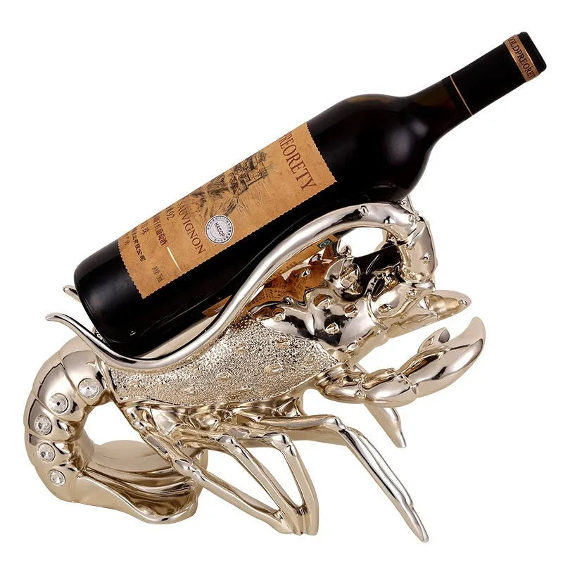 Lobster-shaped resin wine rack ornament in rose gold or silver, holding a wine bottle.