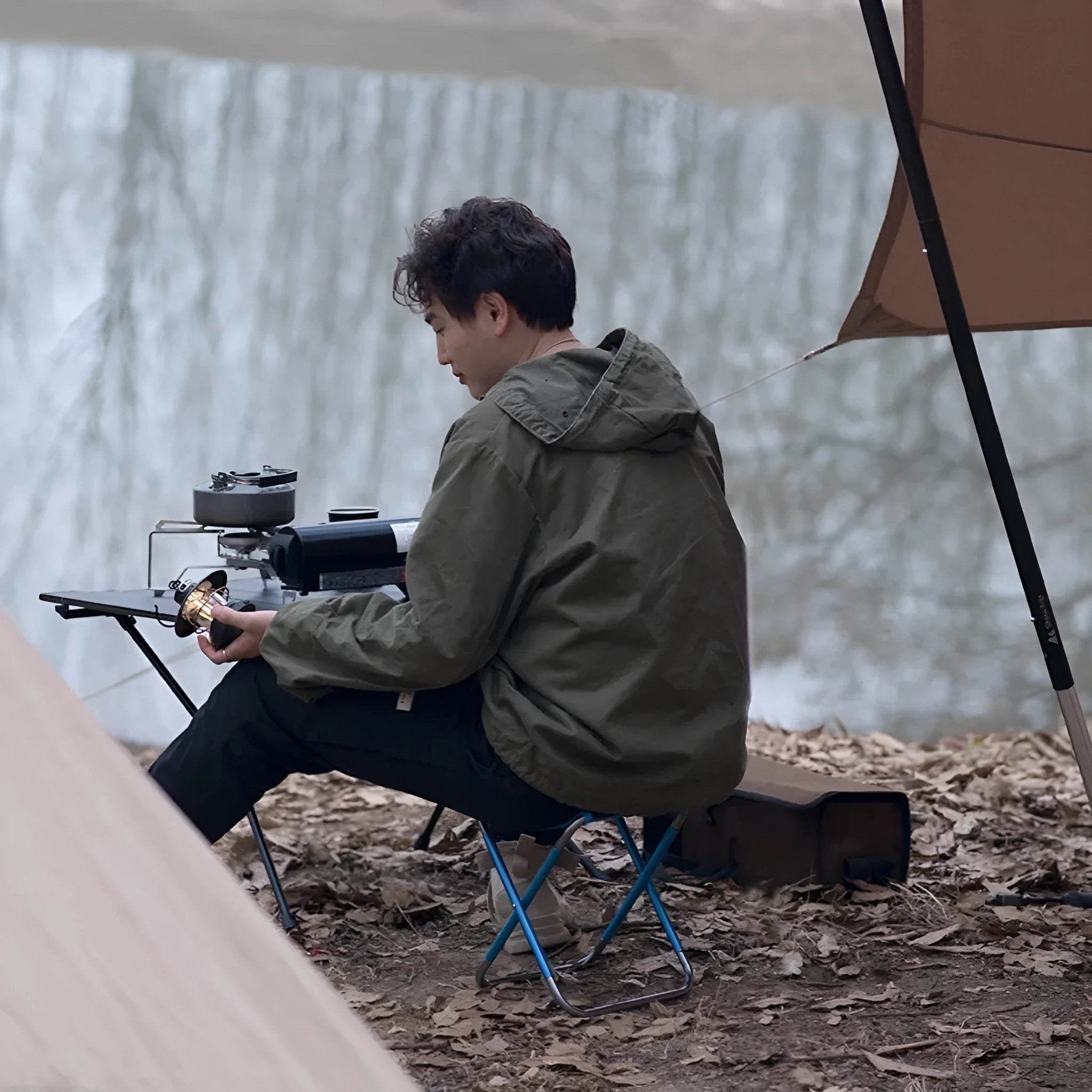 Black aluminium alloy folding camping stool with national style pattern
