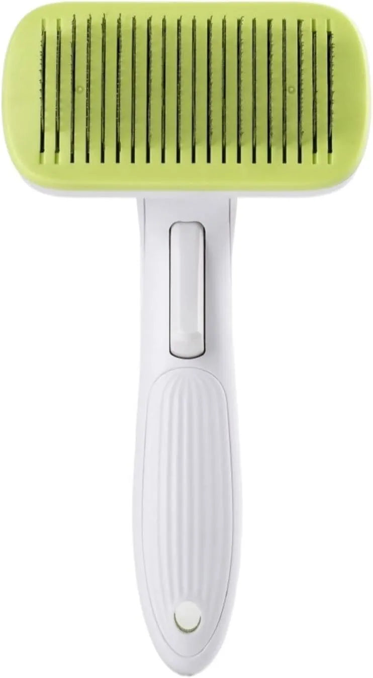 Automatic pet hair removal comb for dogs and cats in blue, grey, green, or pink.