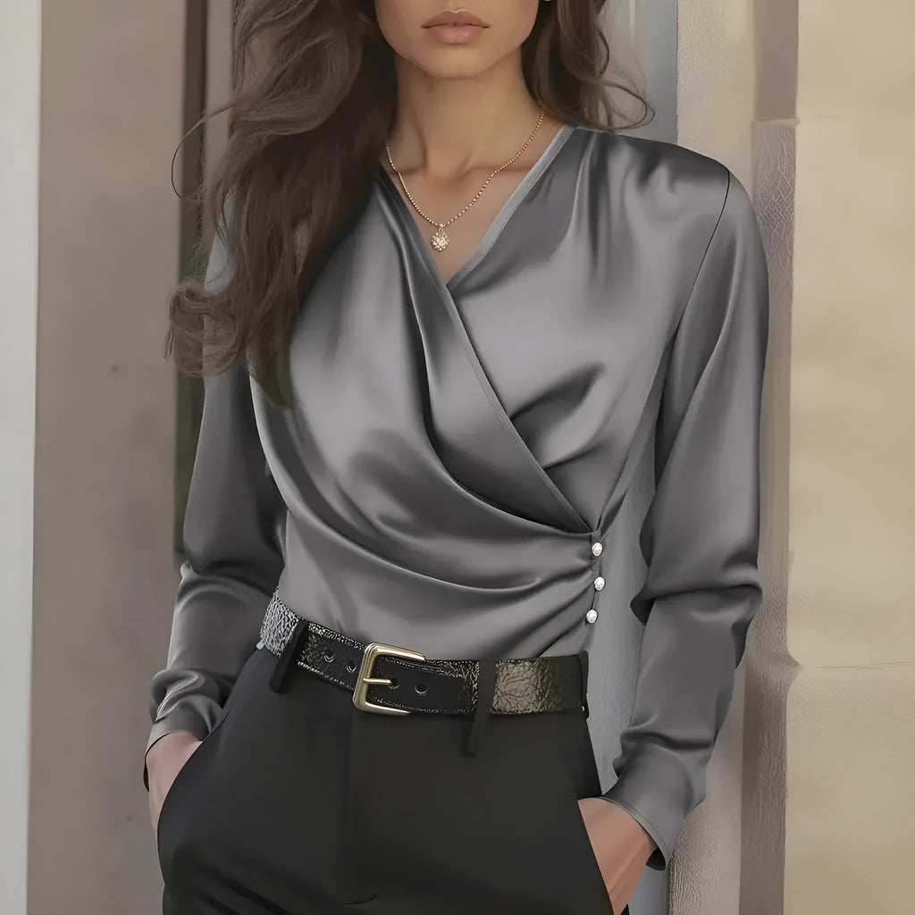 Women's V-neck slim fit polyester shirt in white with long sleeves and patchwork detail