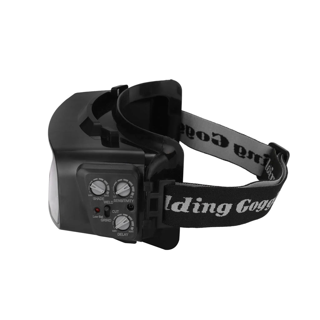 Black automatic welding mask with large viewing lens and adjustable controls for sensitivity and delay timing