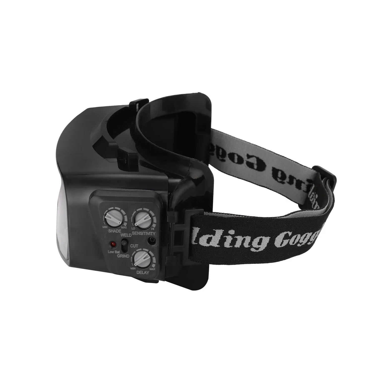 Black automatic welding mask with large viewing lens and adjustable controls for sensitivity and delay timing
