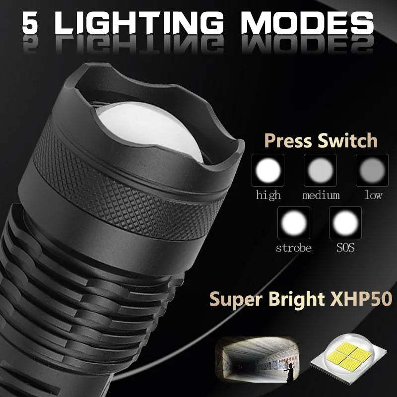 USB charging Zoom P50 flashlight with XHP50 bulb, telescopic zoom, aluminium shell, waterproof, drop-resistant, five light modes