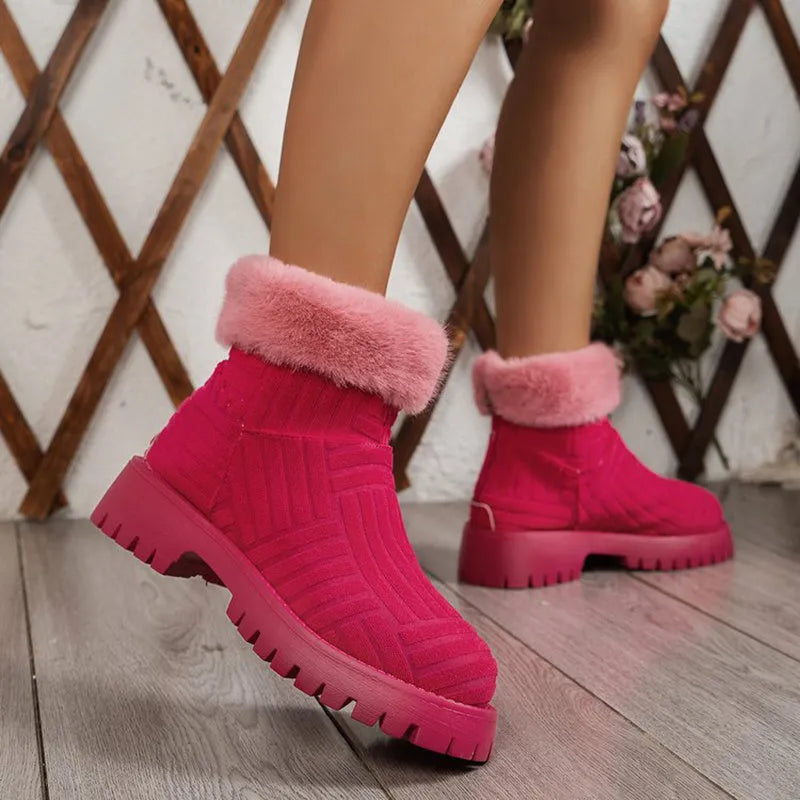 Women's winter ankle boots, thickened snow boots with plush cotton lining, round toe, green colour, side view