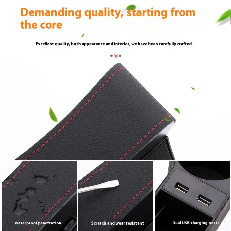Car seat gap storage box with dual USB ports and PU leather finish in black and red, fitted between seat and centre console
