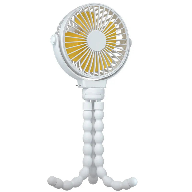 Black 2000mAh flexible tripod clip on fan with 3 speeds and USB charging on a white background