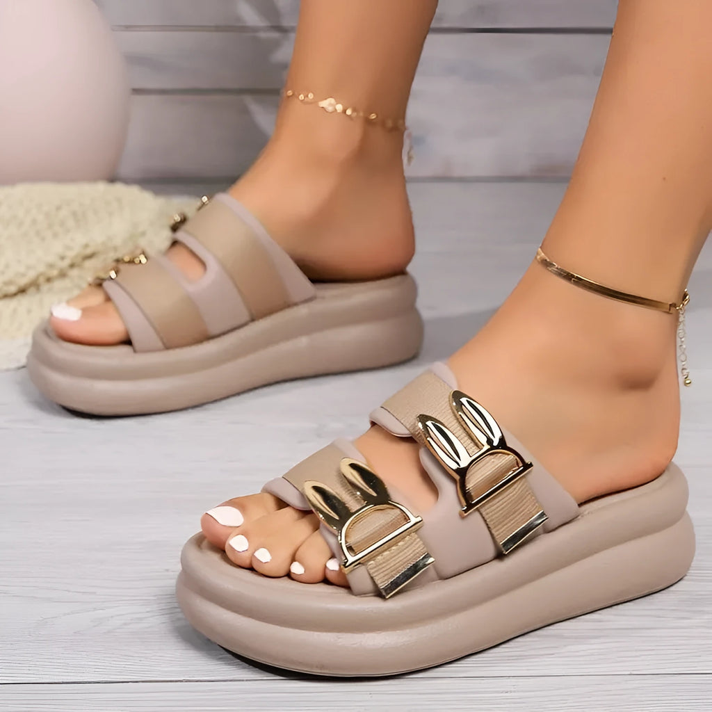 Women's suede slippers with thick rubber soles in apricot, black and milky white colours