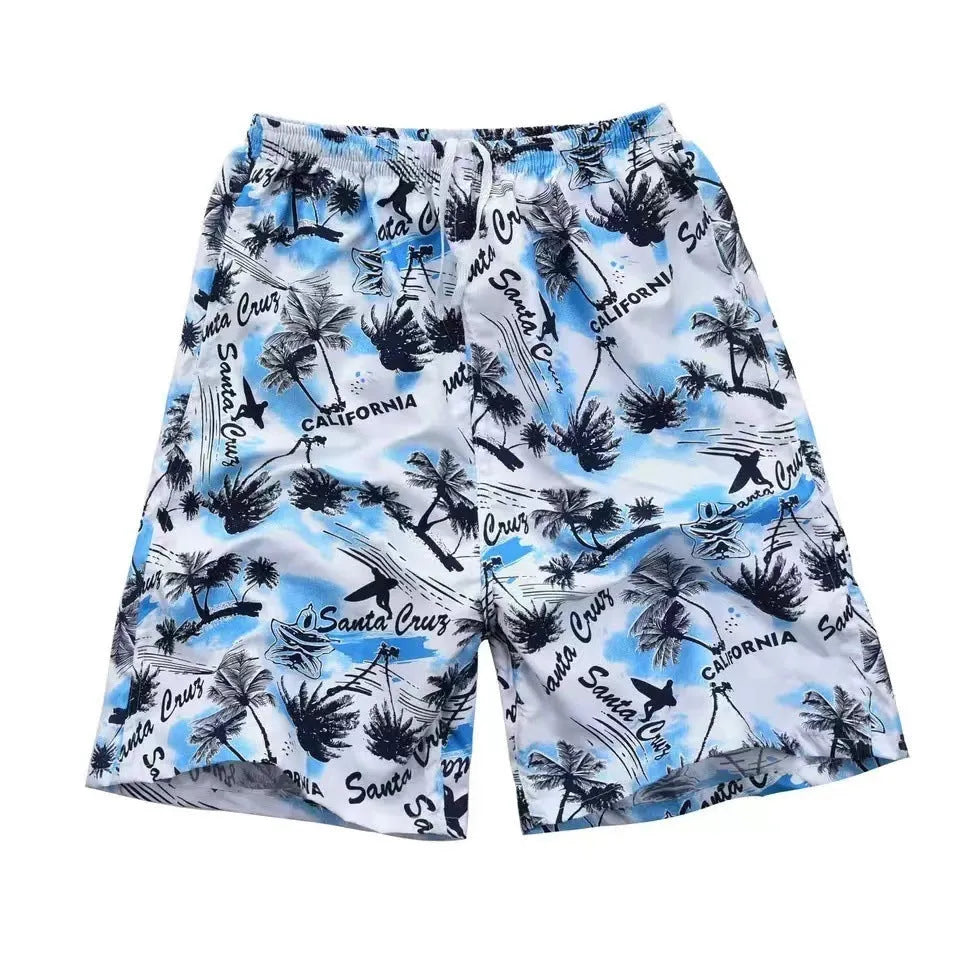Men's floral printed five-point swimming trunks in polyester fabric available in multiple patterns