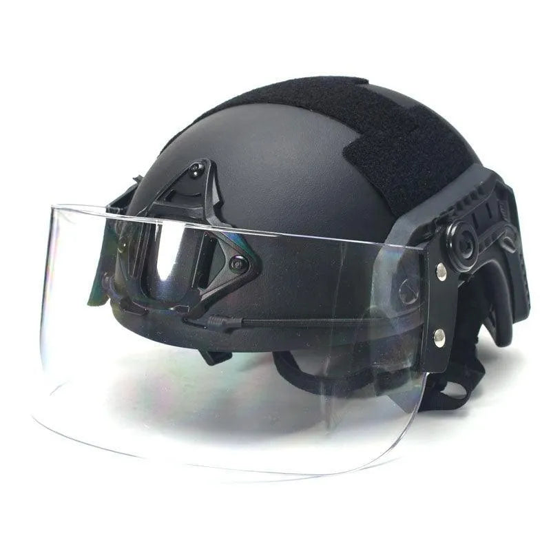 Transparent polycarbonate helmet mask with windproof lens and guide rail system for sports face protection