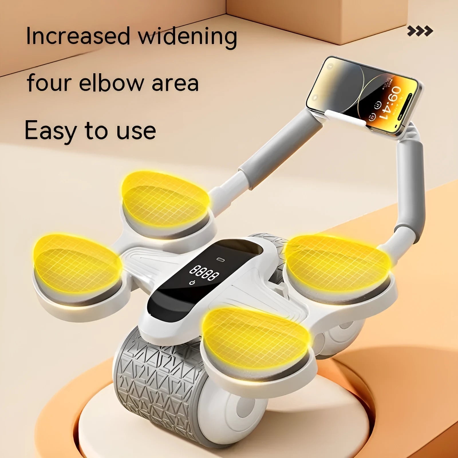 White fitness roller equipment with LED timing screen for belly exercises