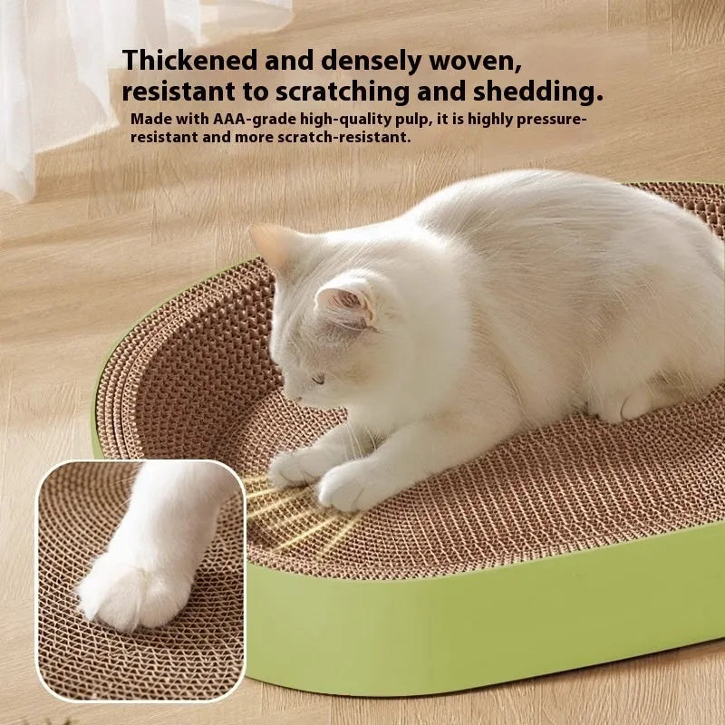 Green oval corrugated paper cat scratch board and nest measuring 55cm diameter