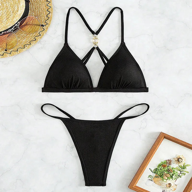 Black women's bikini with hollow backless triangle top and high-cut split leg bottoms