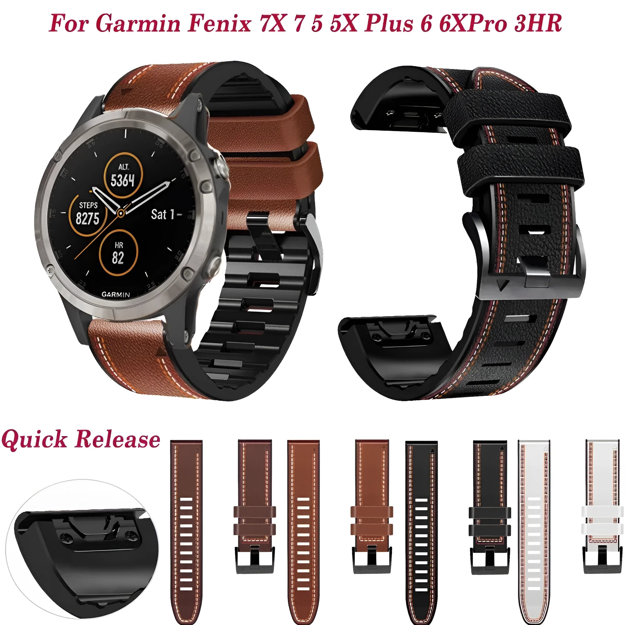 Silicone leather quick-release watchband for Garmin Fenix smartwatches in black, shown in 22mm and 26mm sizes.