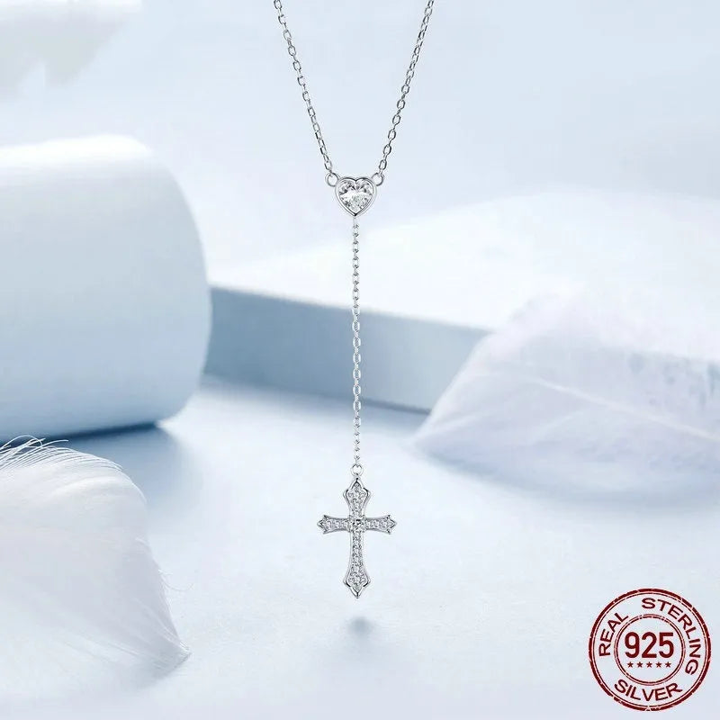 Simple V-neck love cross necklace for women with 925 silver pendant on O-ring chain
