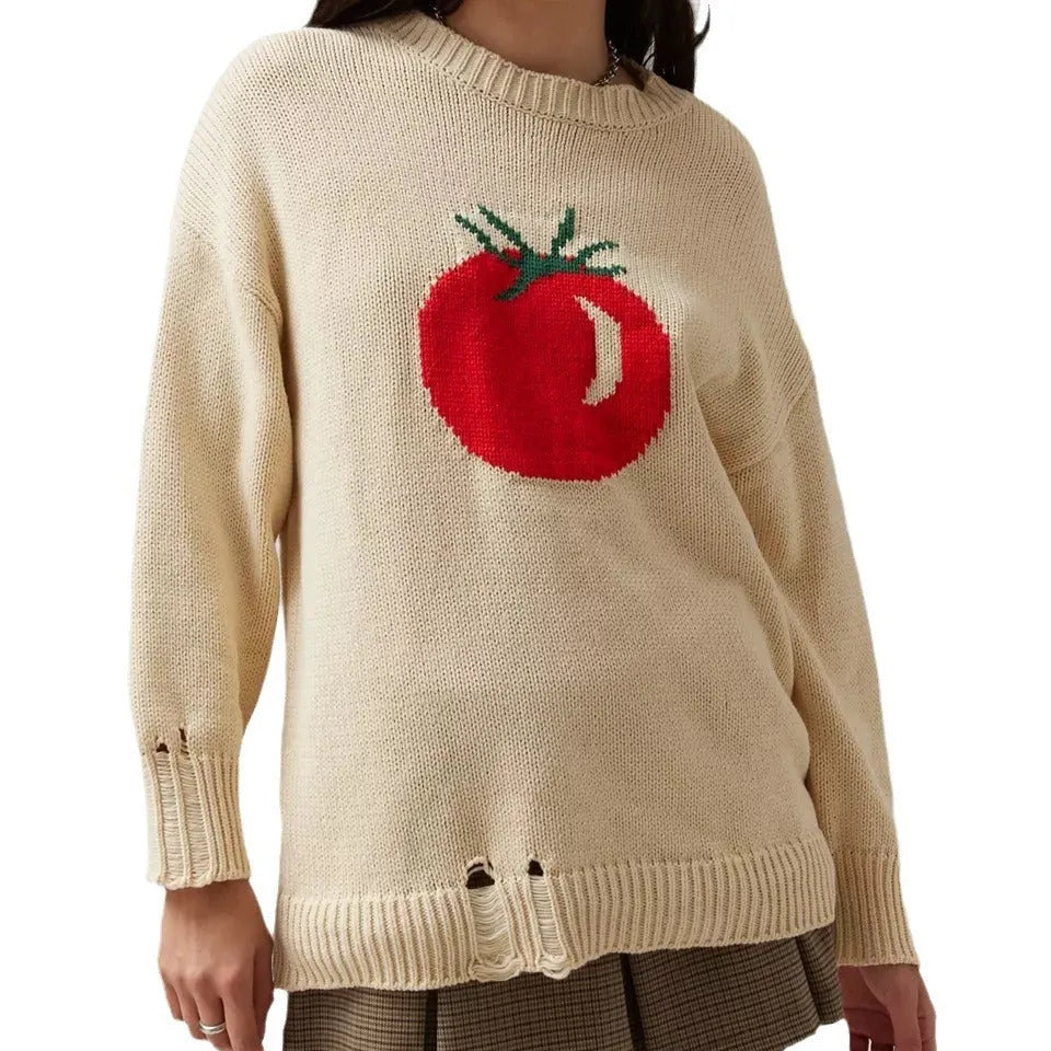 Women's milky white acrylic round neck sweater with loose fit and Jacquard detailing