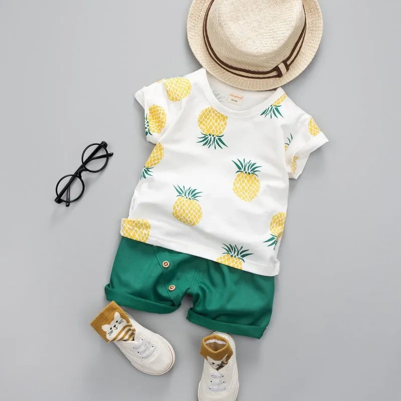 Summer kids two-piece suit in pineapple yellow with short-sleeved T-shirt and shorts for toddlers 80-120cm