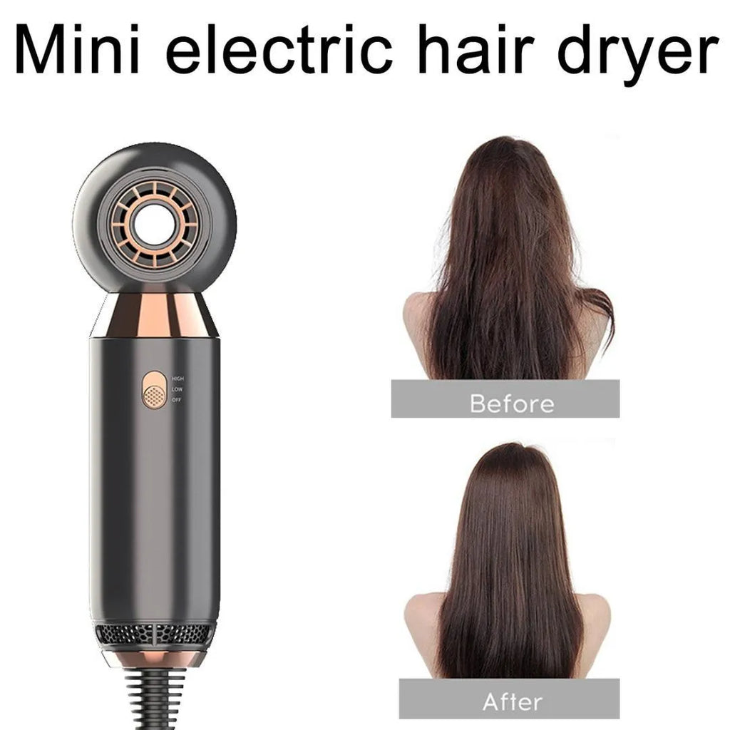 Leafless compact white hair dryer with diffuser attachment on a stand, showing its 20cm size.