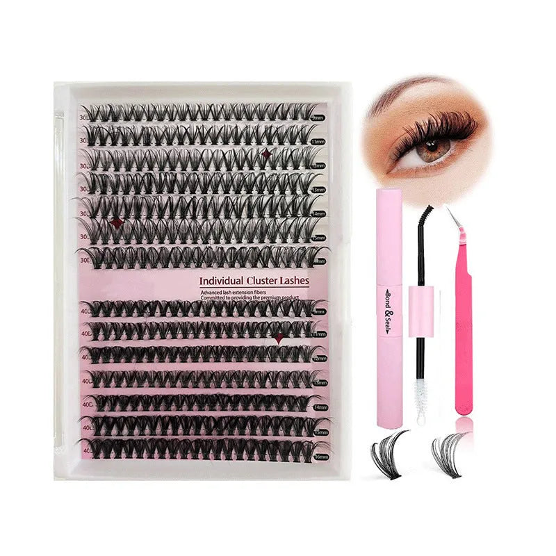 DIY cluster false eyelashes mixed package showing 30D and 40D thicknesses with tweezers