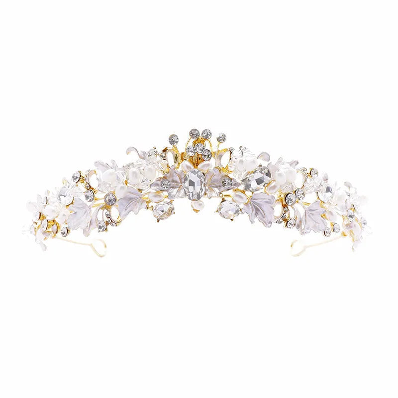 Alloy pearl crown headdress with electroplated gold finish and European styling