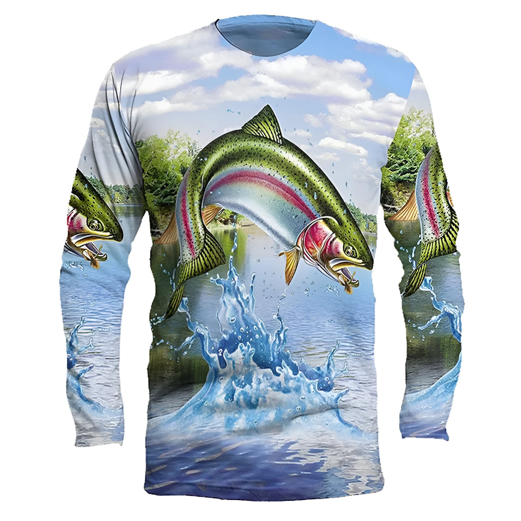 Men's grey round neck long sleeve pullover top featuring a printed colourful fish design.