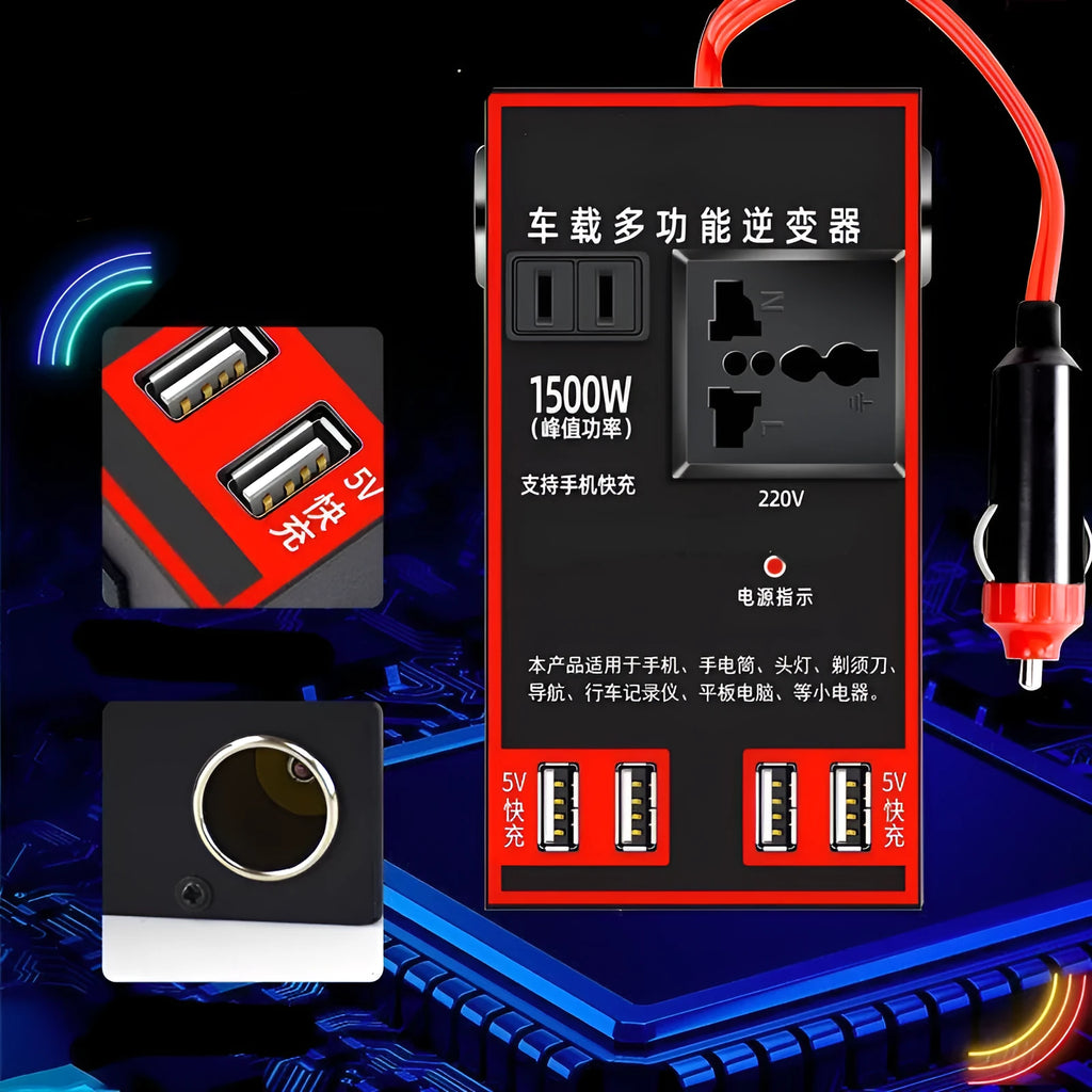 Black automotive power converter converting 12V/24V vehicle power to 220V with USB charging ports