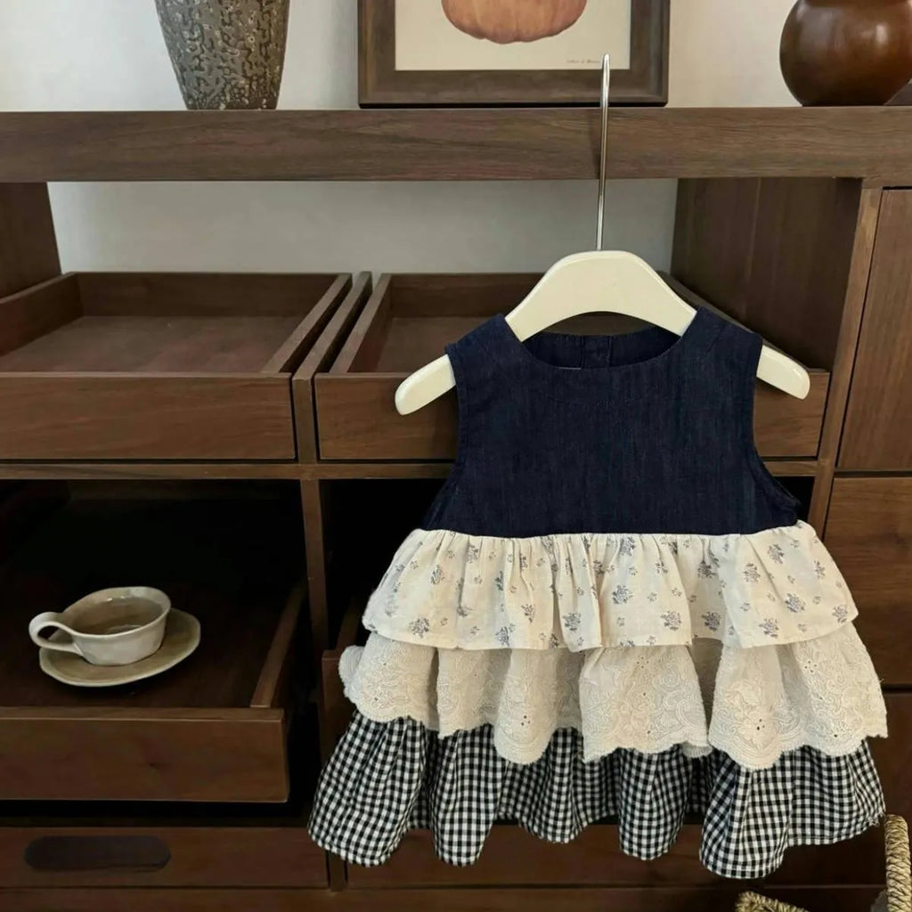 Sleeveless cotton denim skirt bandage cake dress for girls, solid colour with plaid stitching, available in 90-140 yards