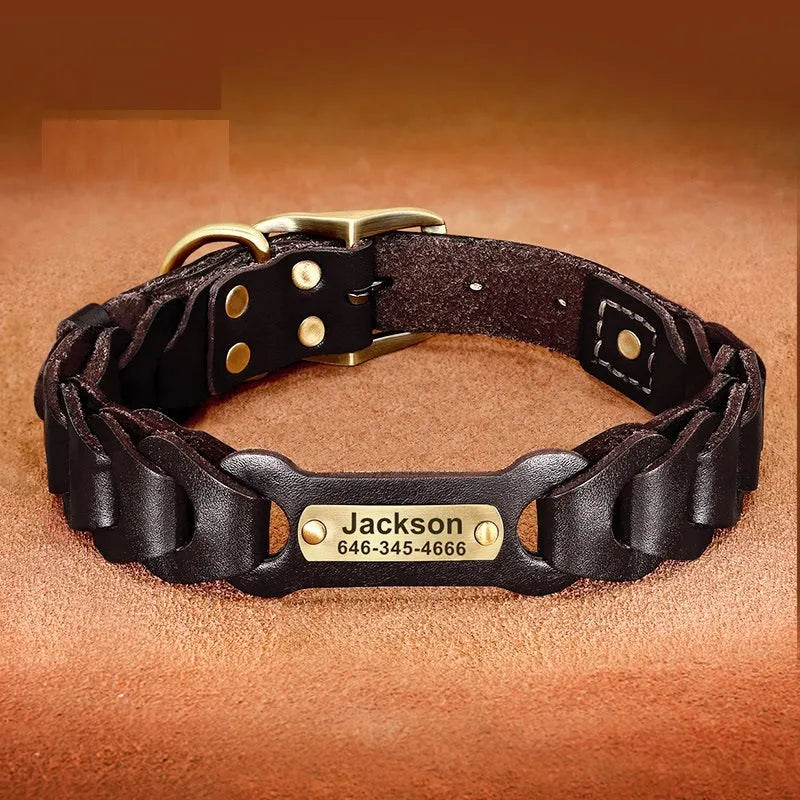Braided cowhide leather dog collar in Dark Brown colour, with zinc alloy buckle, on a neutral background
