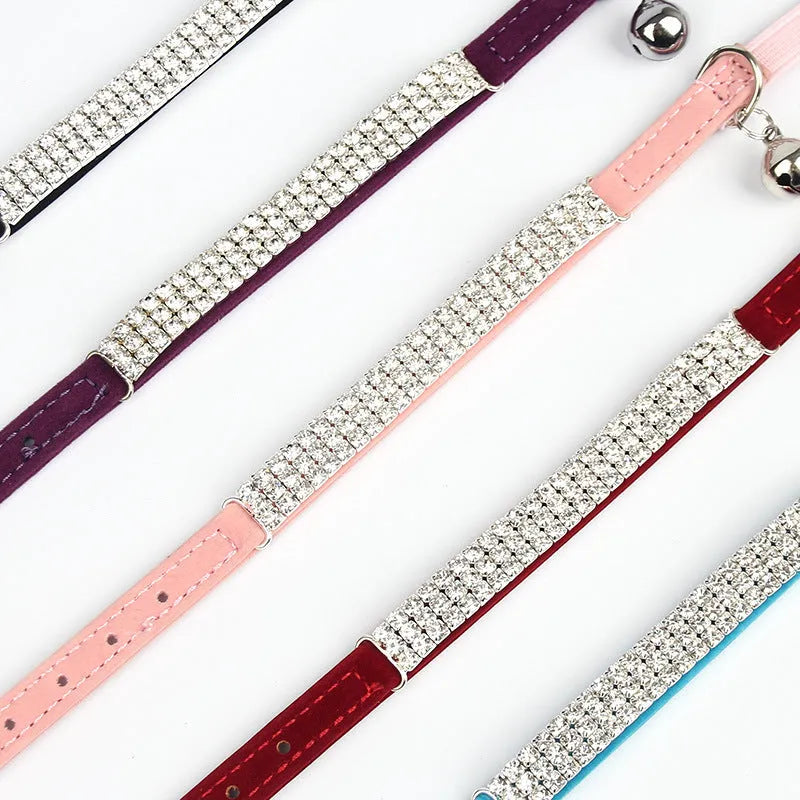 Velvet cat collar with rhinestones in adjustable 20-30cm length showing colour options