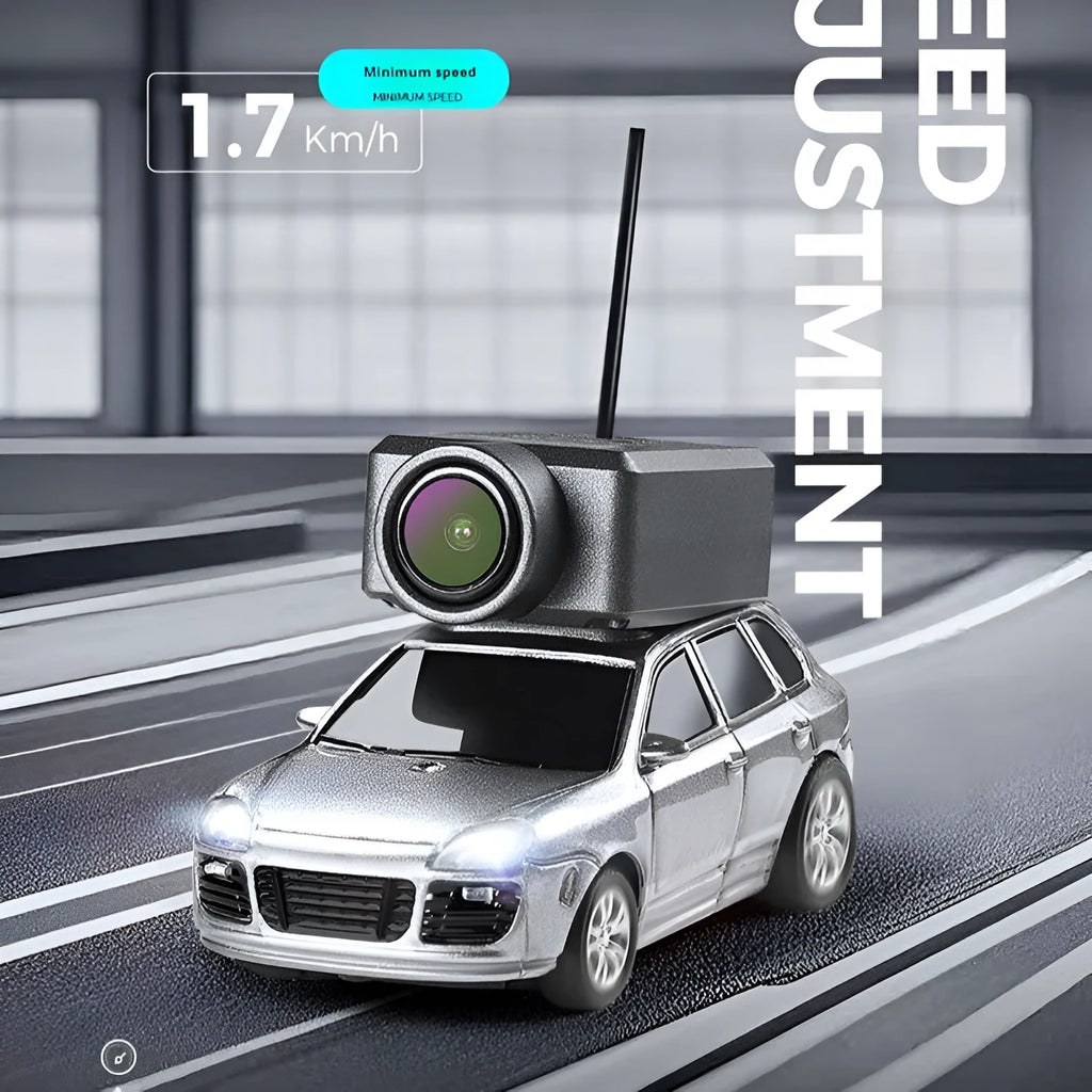 Mini alloy remote control car 1:64 scale with self-stabilising camera and blue ambient lights