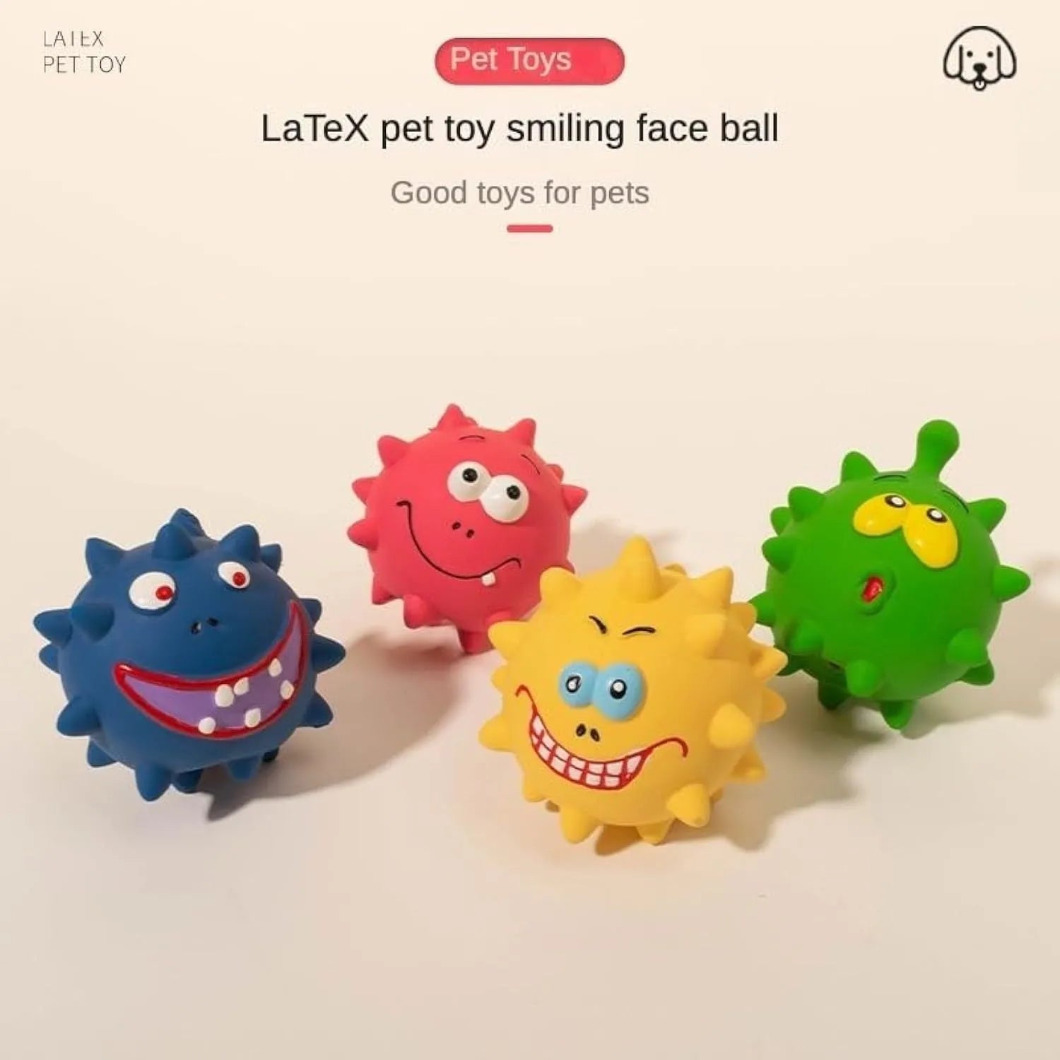 Four colourful latex squeaky dog balls with bumpy texture and cute faces for dental cleaning during play