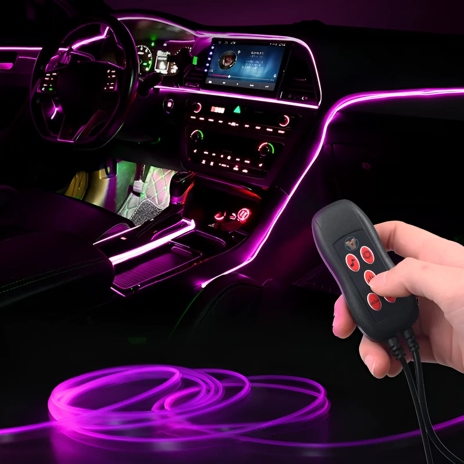 Car centre console LED ambient light bar with USB plug, multi-colour glow, 3m or 5m length button model