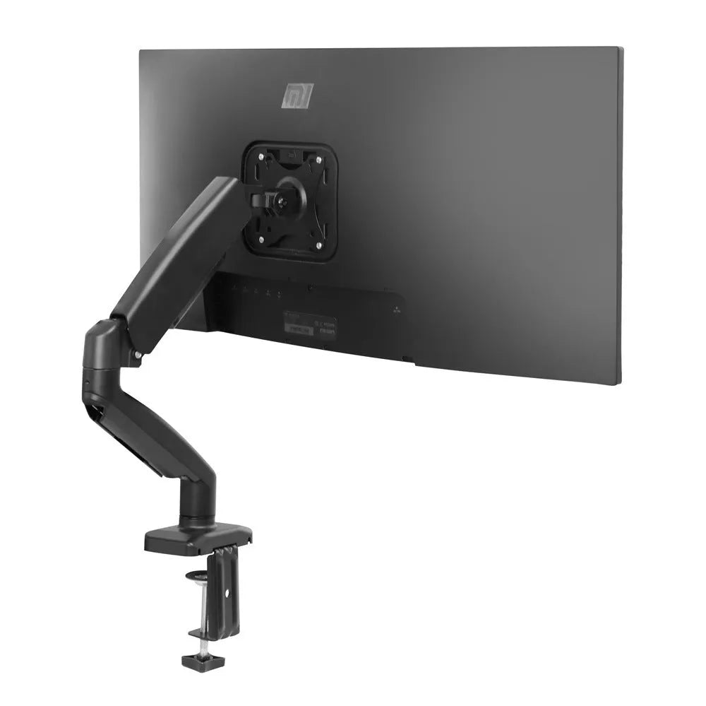 Black rotating telescopic LCD monitor bracket on a desk, showing adjustable height and swivel functions.