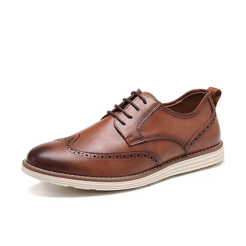 Men's black and brown slip-on business formal shoes with round toe and carved PU upper