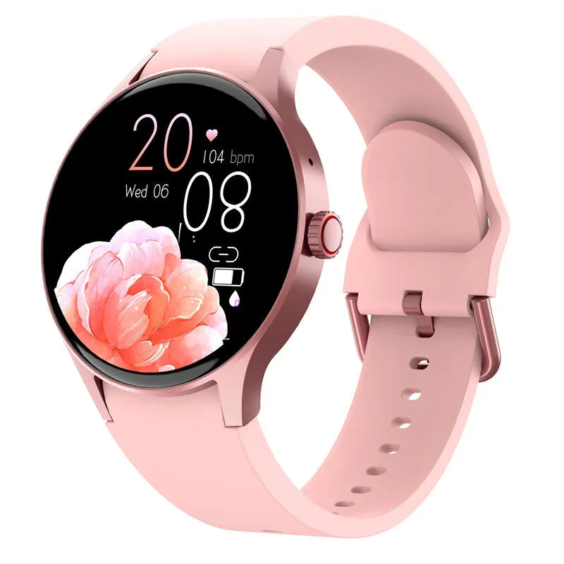 Black unisex smart sport watch with a round screen on a wrist, showing a watch face.