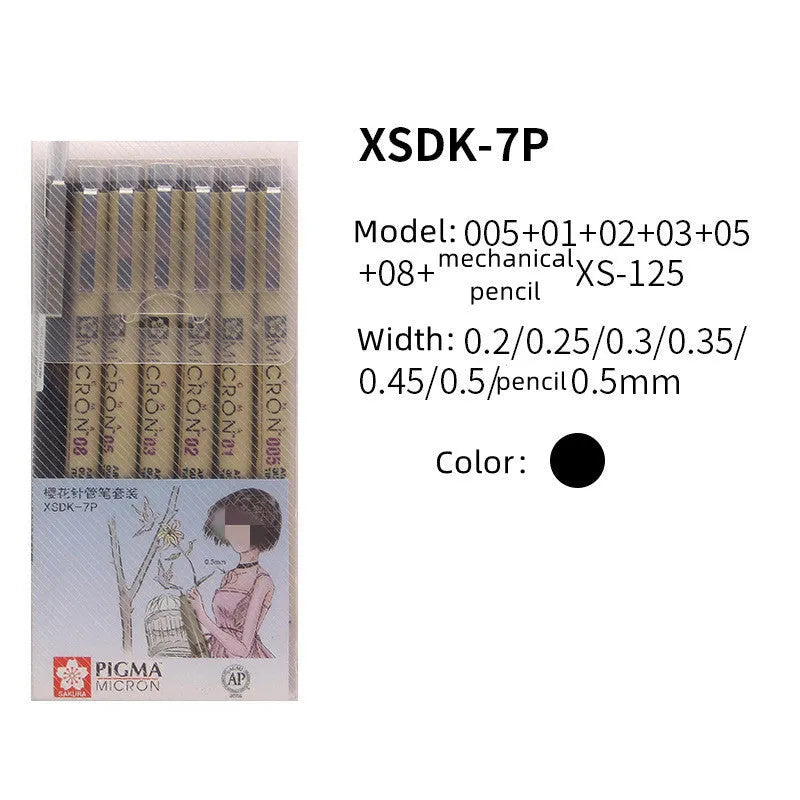 Pack of 7 Sakura Pigma Micron fine line drawing pens with assorted nib sizes from 0.2mm to 0.5mm and a pencil