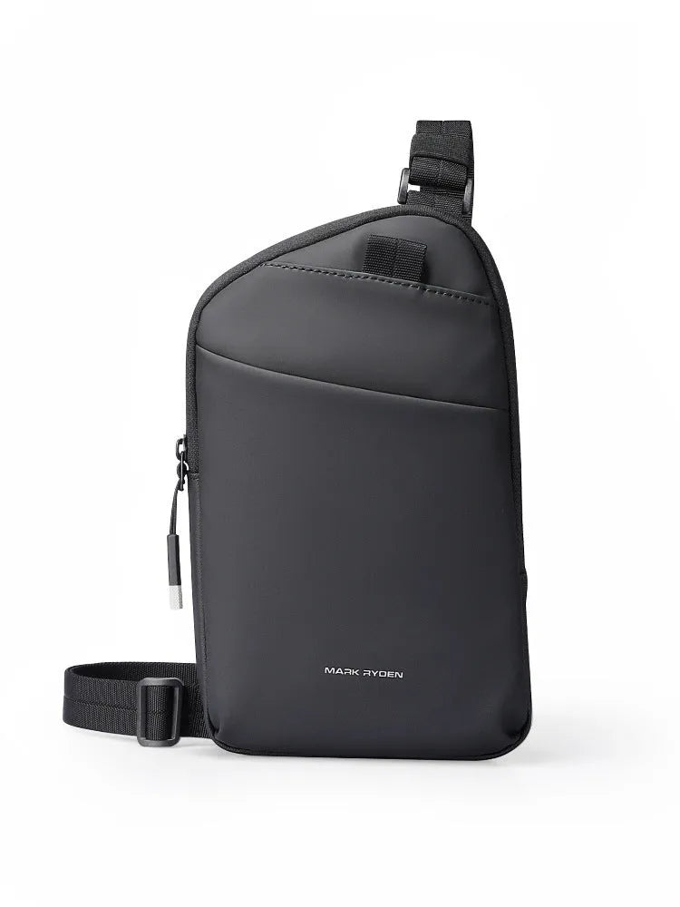 Men's black Oxford cloth crossbody bag showing reinforced sewing thread detail