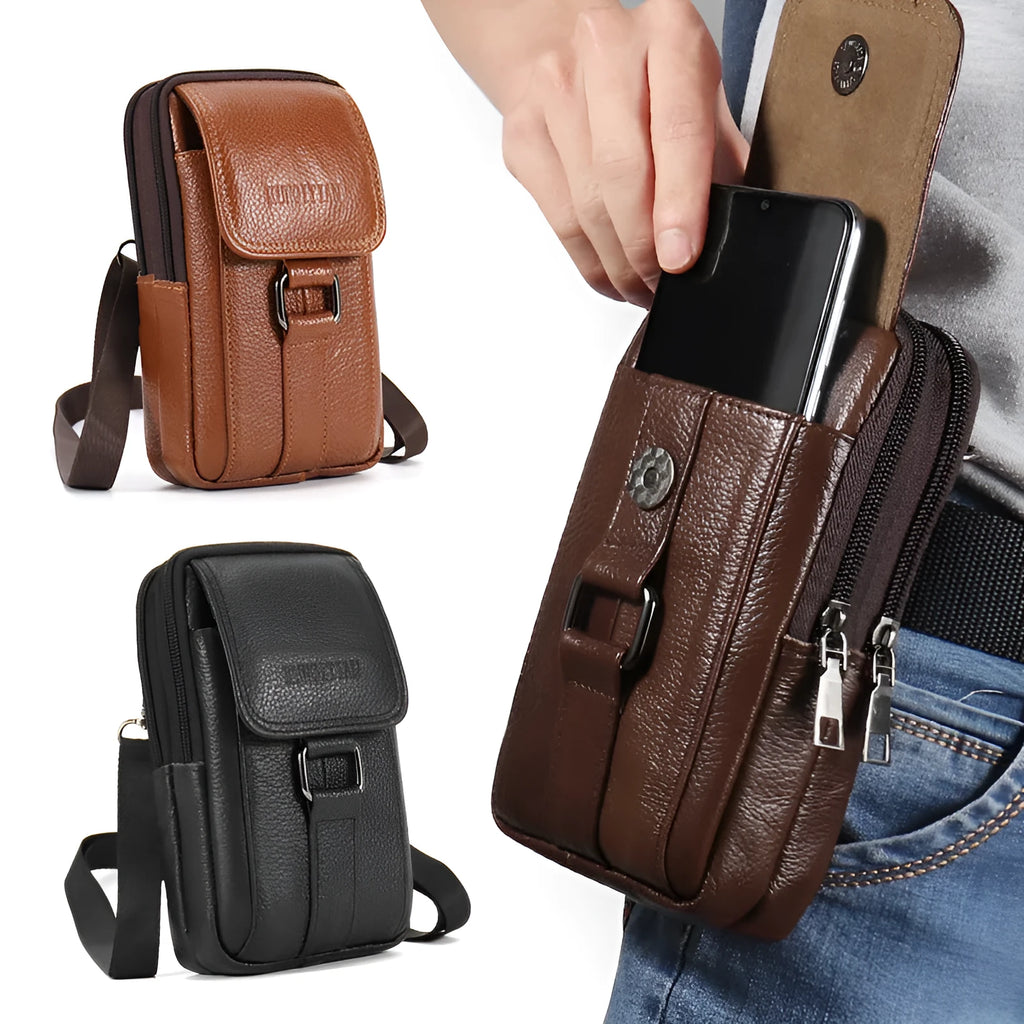 Genuine leather men's mobile phone waist bag in brown, square vertical shape with sewing line detail