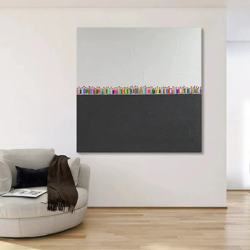Hand painted modern abstract oil painting on canvas with textured character design in square format for living room wall art