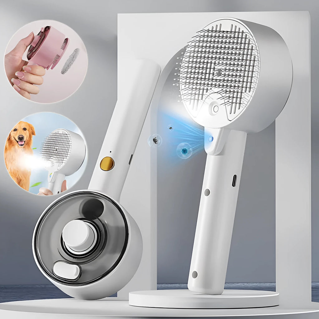 Ceramic white pet grooming brush with UVC blue light, misting nozzle, and soft needles for dog and cat hair removal
