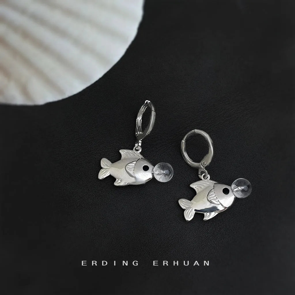 Pair of bubble fish original design goldfish earrings in electroplated copper for women.