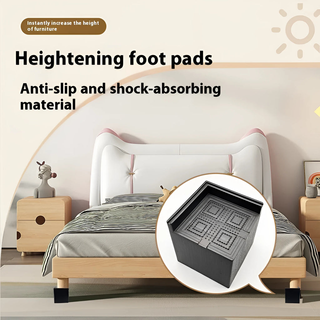 Four black plastic furniture height adjustment mats for sofa or bed feet.